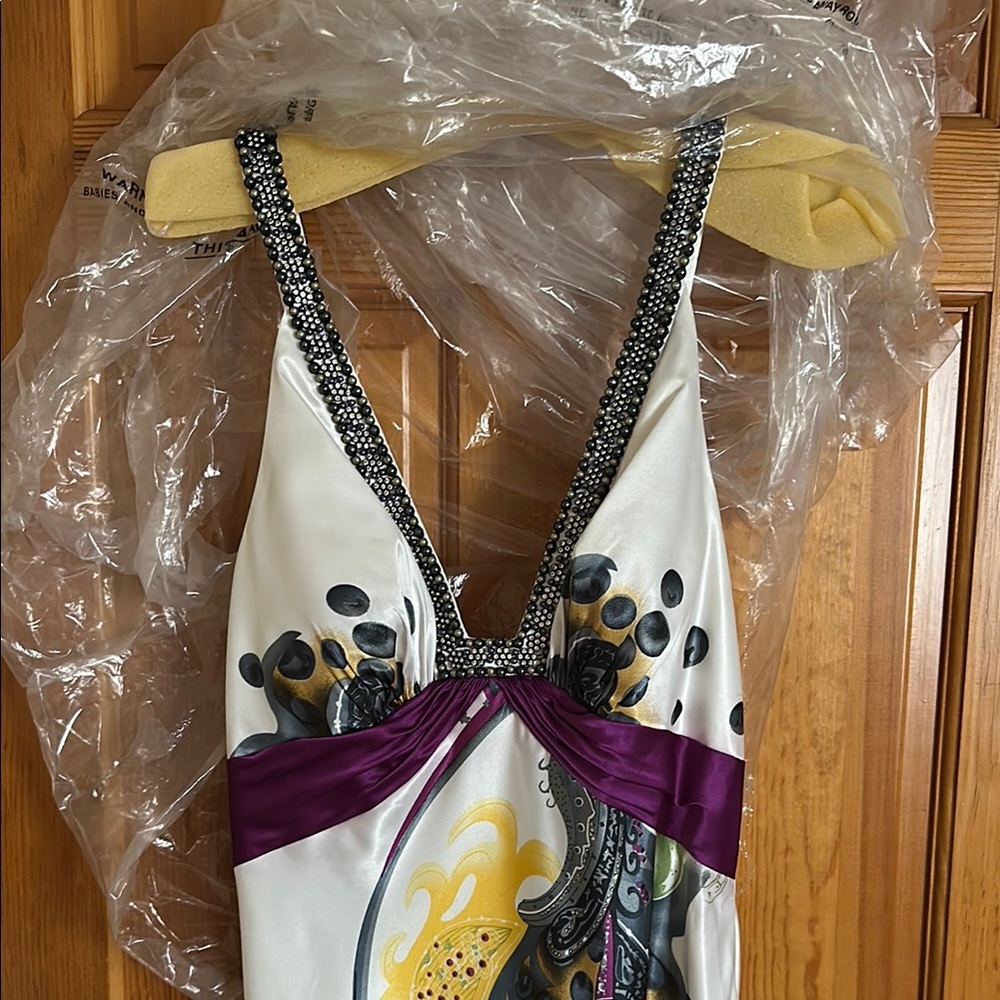 La Femme White and Purple Beaded Dress